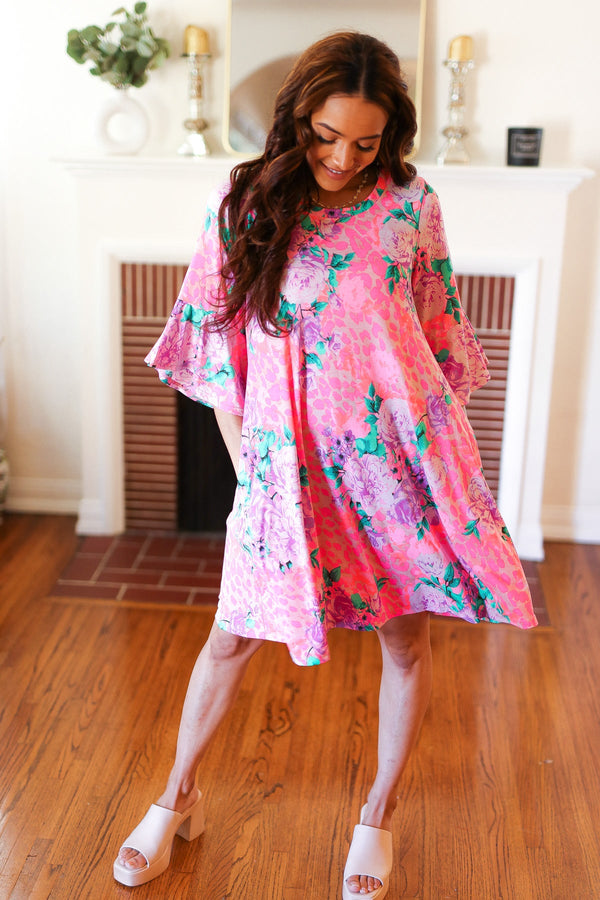 Pink Floral & Animal Print Bell Sleeve Dress - Coeur de la Mode
