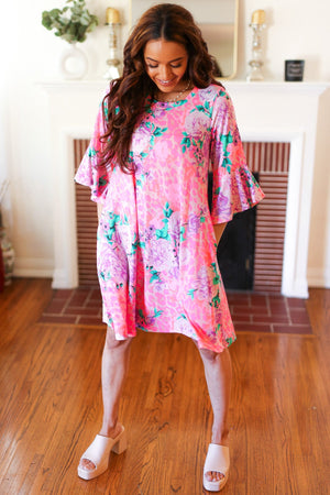 Pink Floral & Animal Print Bell Sleeve Dress - Coeur de la Mode