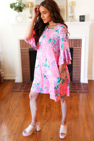 Pink Floral & Animal Print Bell Sleeve Dress - Coeur de la Mode