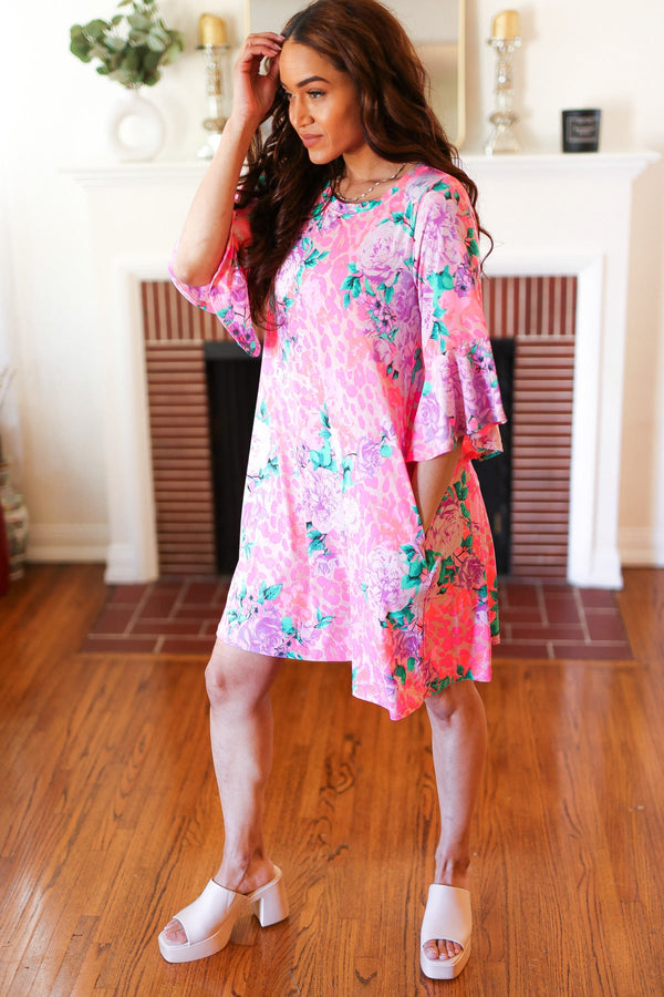 Pink Floral & Animal Print Bell Sleeve Dress - Coeur de la Mode