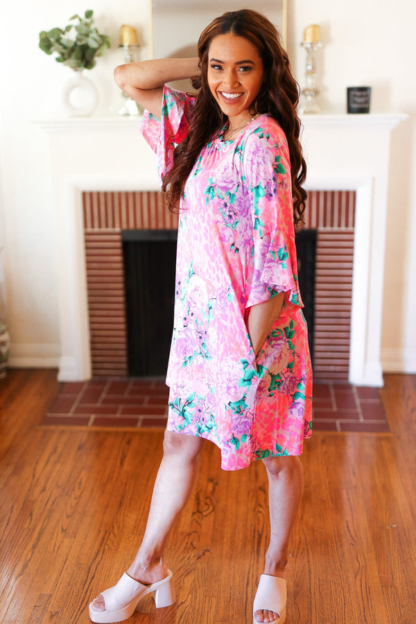 Pink Floral & Animal Print Bell Sleeve Dress - Coeur de la Mode