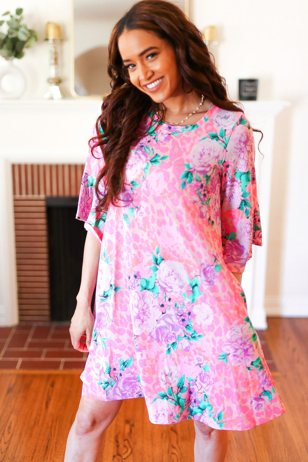 Pink Floral & Animal Print Bell Sleeve Dress - Coeur de la Mode