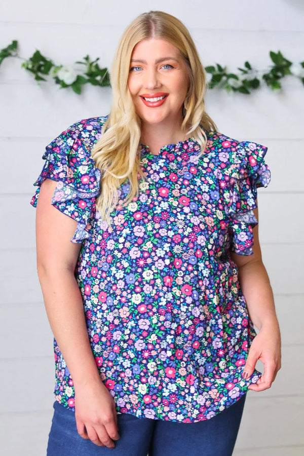 Navy Floral Mock Neck Flutter Sleeve Top - Coeur de la Mode