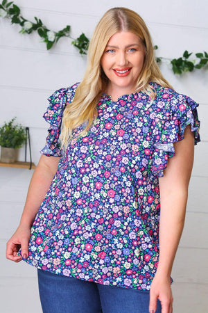Navy Floral Mock Neck Flutter Sleeve Top - Coeur de la Mode