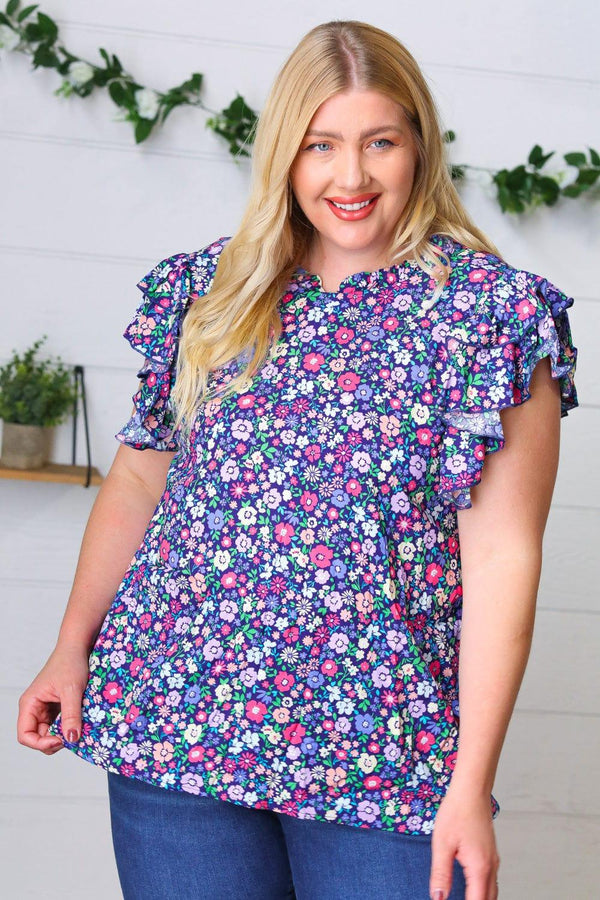 Navy Floral Mock Neck Flutter Sleeve Top - Coeur de la Mode