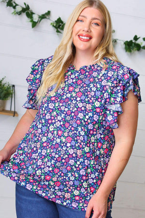 Navy Floral Mock Neck Flutter Sleeve Top - Coeur de la Mode
