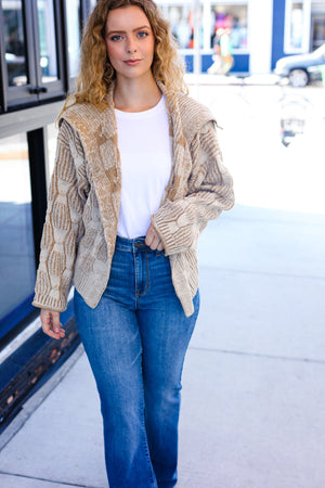 Autumn Vibes Taupe Textured Cable Knit Collared Cardigan - Coeur de la Mode