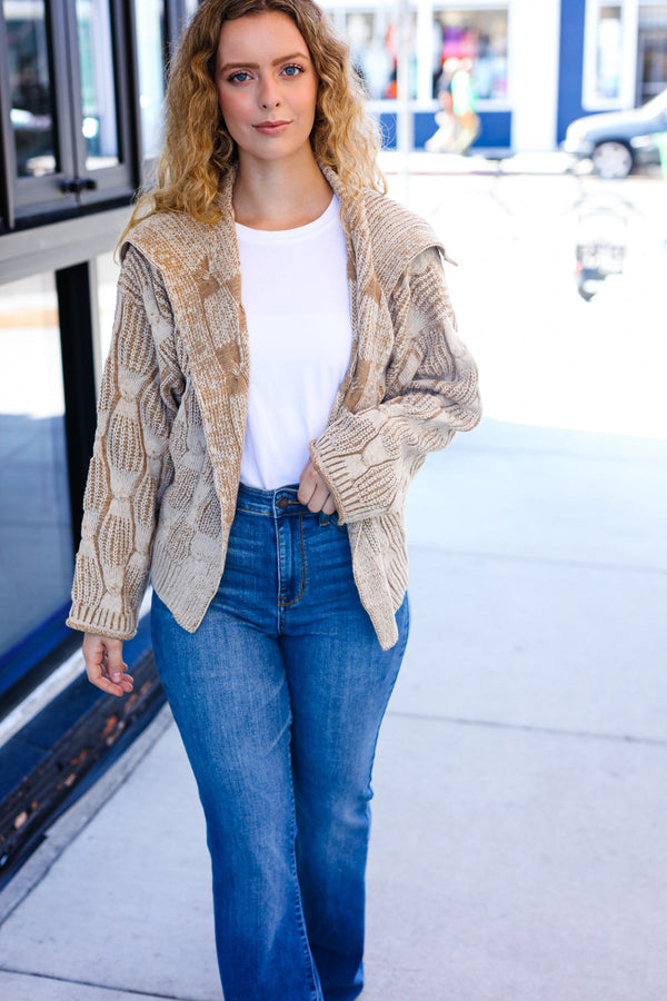 Autumn Vibes Taupe Textured Cable Knit Collared Cardigan - Coeur de la Mode