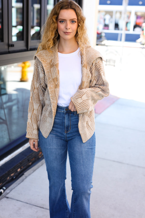 Autumn Vibes Taupe Textured Cable Knit Collared Cardigan - Coeur de la Mode