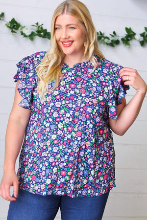 Navy Floral Mock Neck Flutter Sleeve Top - Coeur de la Mode