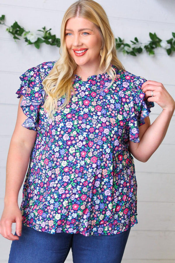 Navy Floral Mock Neck Flutter Sleeve Top - Coeur de la Mode