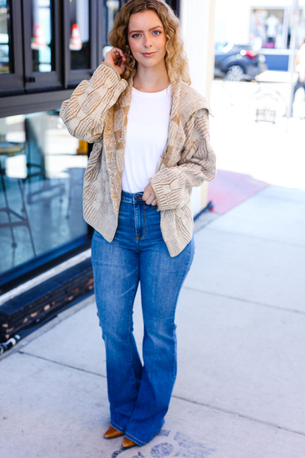 Autumn Vibes Taupe Textured Cable Knit Collared Cardigan - Coeur de la Mode
