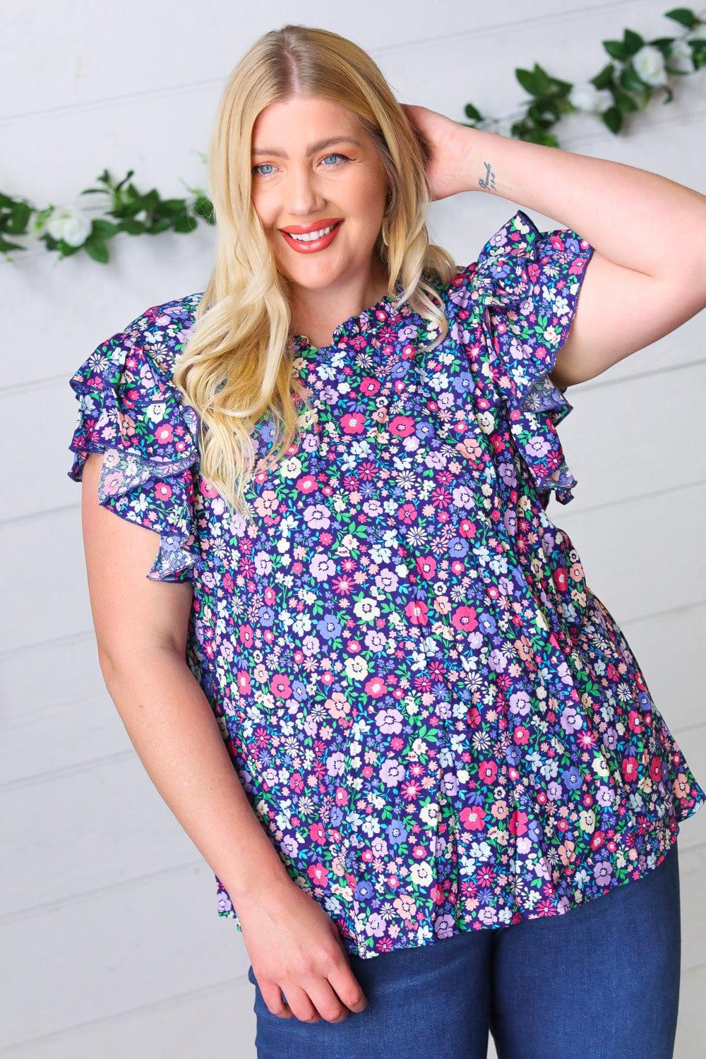 Navy Floral Mock Neck Flutter Sleeve Top - Coeur de la Mode