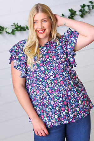 Navy Floral Mock Neck Flutter Sleeve Top - Coeur de la Mode