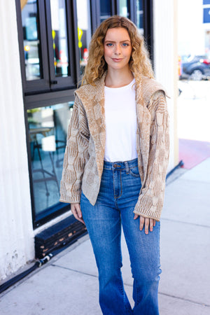 Autumn Vibes Taupe Textured Cable Knit Collared Cardigan - Coeur de la Mode