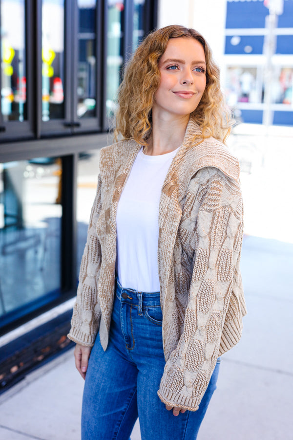 Autumn Vibes Taupe Textured Cable Knit Collared Cardigan - Coeur de la Mode