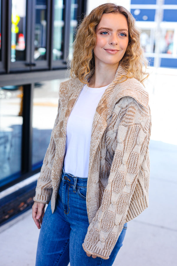 Autumn Vibes Taupe Textured Cable Knit Collared Cardigan - Coeur de la Mode