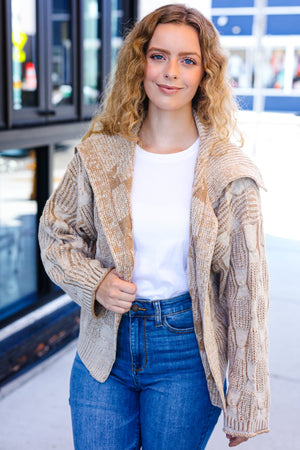Autumn Vibes Taupe Textured Cable Knit Collared Cardigan - Coeur de la Mode