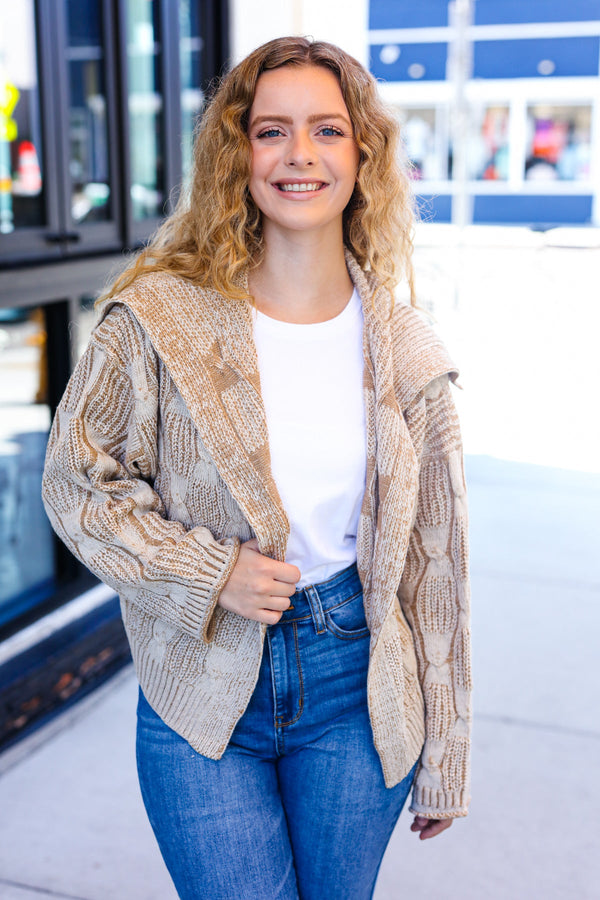 Autumn Vibes Taupe Textured Cable Knit Collared Cardigan - Coeur de la Mode