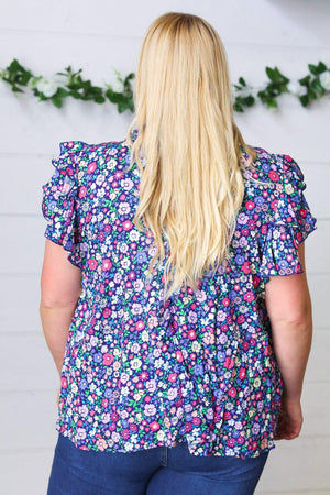 Navy Floral Mock Neck Flutter Sleeve Top - Coeur de la Mode