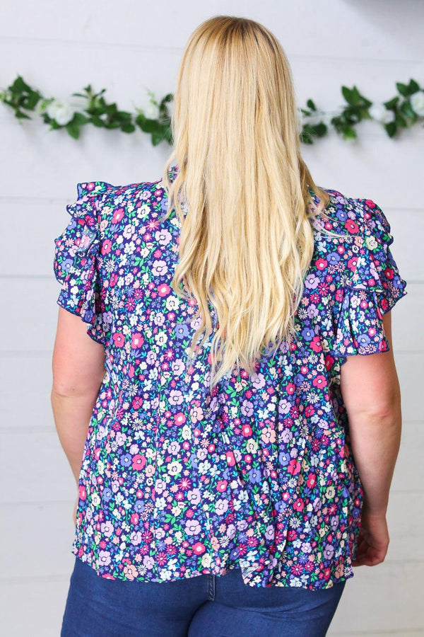 Navy Floral Mock Neck Flutter Sleeve Top - Coeur de la Mode