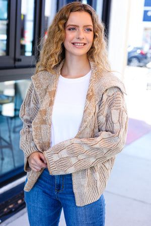 Autumn Vibes Taupe Textured Cable Knit Collared Cardigan - Coeur de la Mode