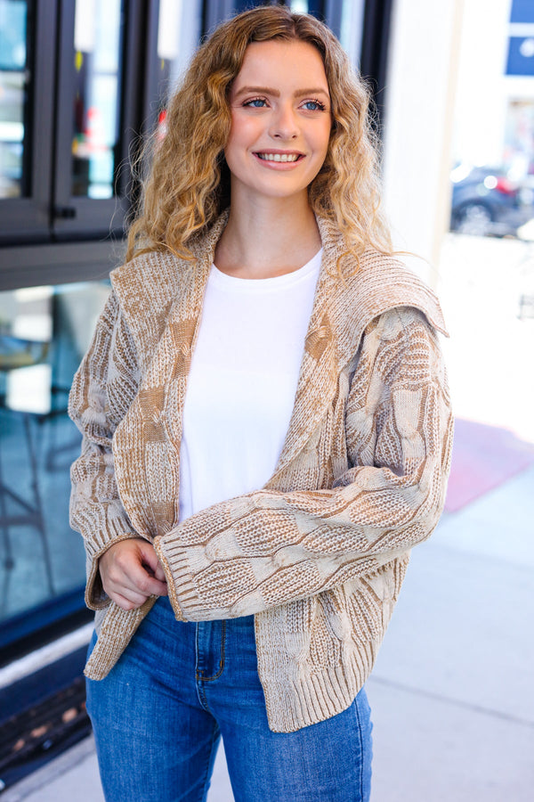 Autumn Vibes Taupe Textured Cable Knit Collared Cardigan - Coeur de la Mode