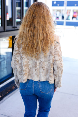 Autumn Vibes Taupe Textured Cable Knit Collared Cardigan - Coeur de la Mode