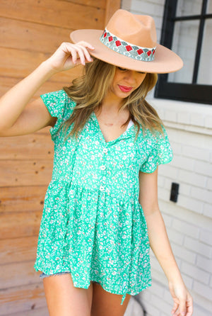 Green Floral Button Tie Neck Babydoll Top - Coeur de la Mode