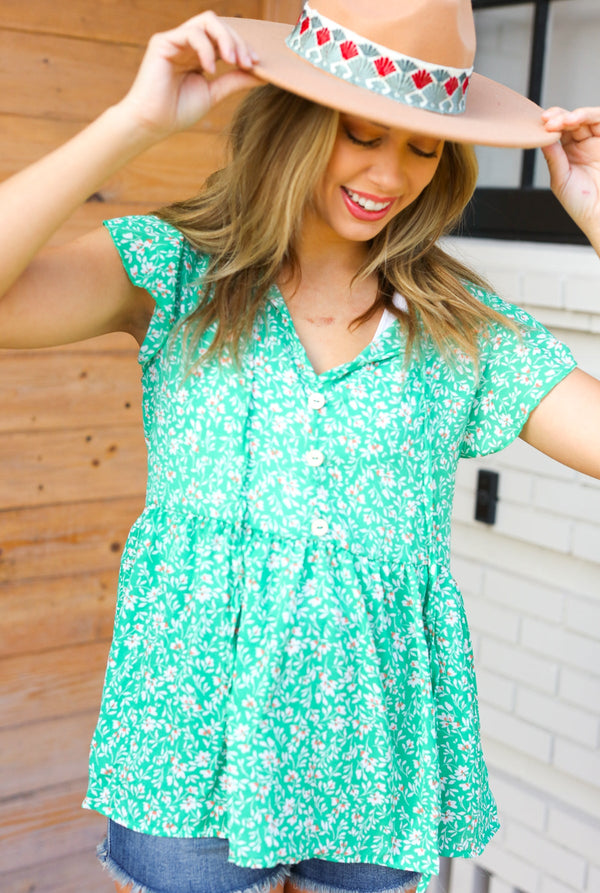 Green Floral Button Tie Neck Babydoll Top - Coeur de la Mode