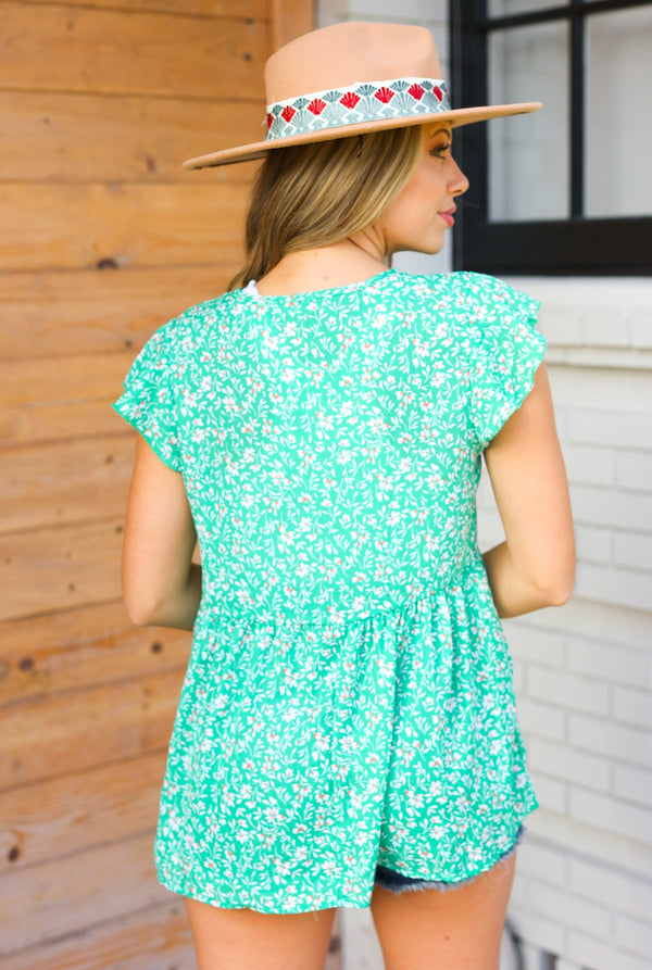 Green Floral Button Tie Neck Babydoll Top - Coeur de la Mode