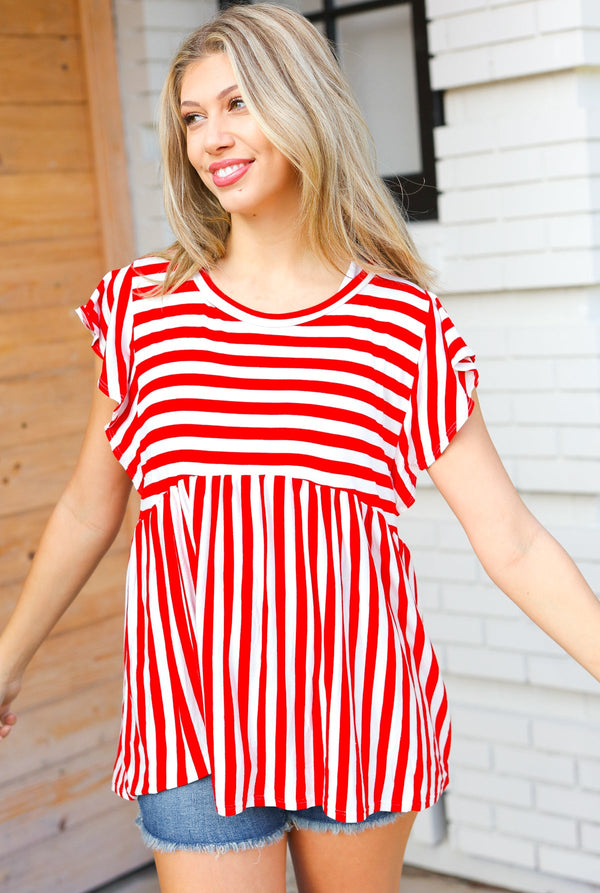 Red Stripe Babydoll Flutter Sleeve Top - Coeur de la Mode