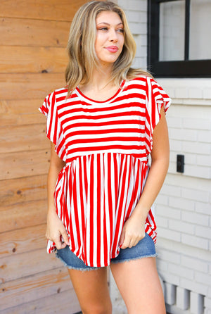 Red Stripe Babydoll Flutter Sleeve Top - Coeur de la Mode