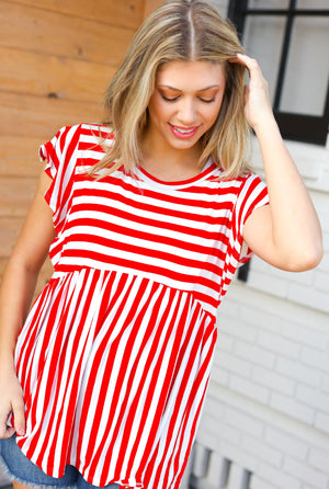 Red Stripe Babydoll Flutter Sleeve Top - Coeur de la Mode