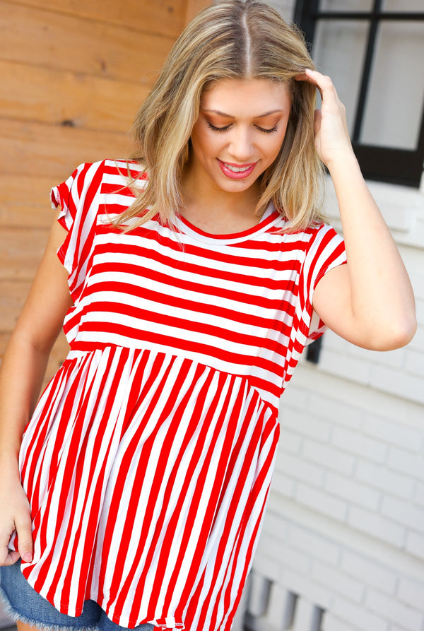 Red Stripe Babydoll Flutter Sleeve Top - Coeur de la Mode