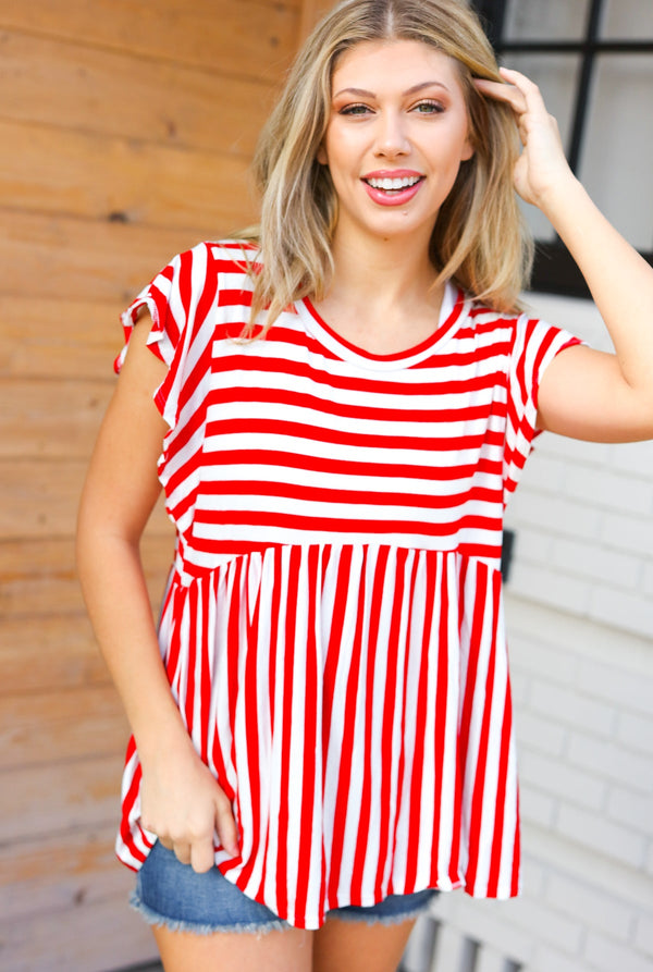 Red Stripe Babydoll Flutter Sleeve Top - Coeur de la Mode
