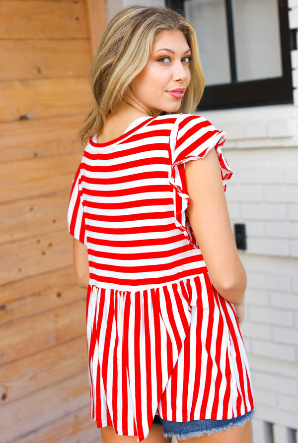 Red Stripe Babydoll Flutter Sleeve Top - Coeur de la Mode