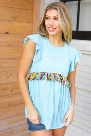Sky Blue Two Tone Babydoll Fringe Tassel Top - Coeur de la Mode