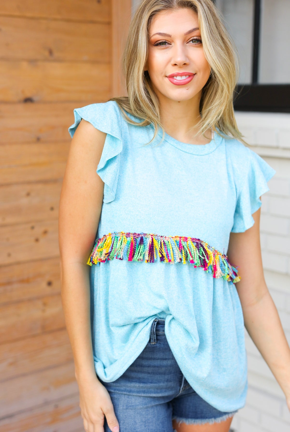 Sky Blue Two Tone Babydoll Fringe Tassel Top