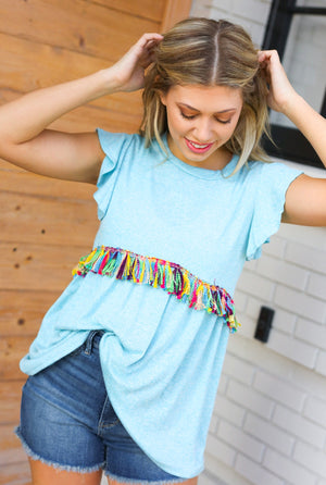 Sky Blue Two Tone Babydoll Fringe Tassel Top - Coeur de la Mode