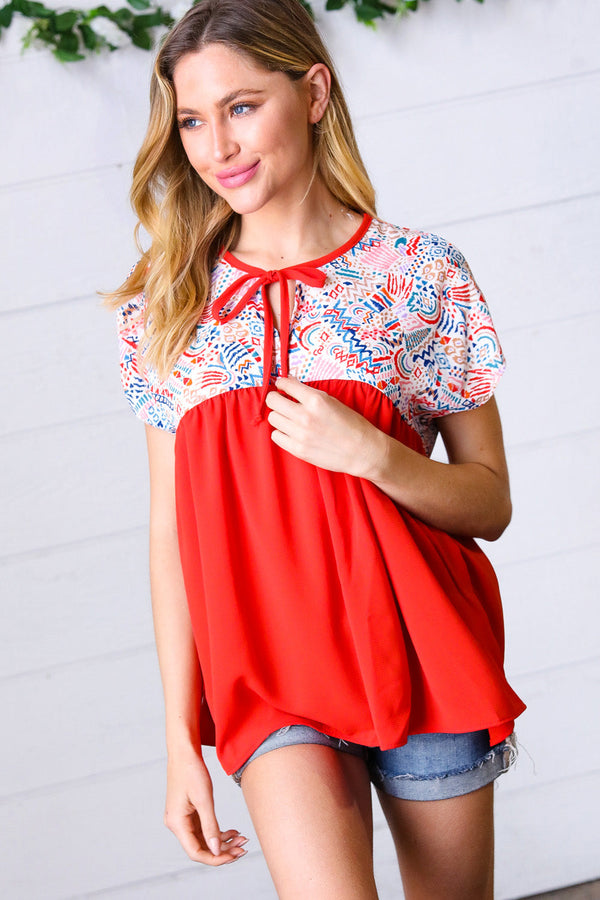 Red Boho Print Tie Neck Dolman Top - Coeur de la Mode