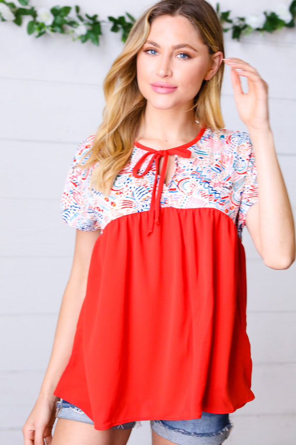 Red Boho Print Tie Neck Dolman Top - Coeur de la Mode