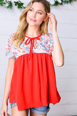 Red Boho Print Tie Neck Dolman Top - Coeur de la Mode