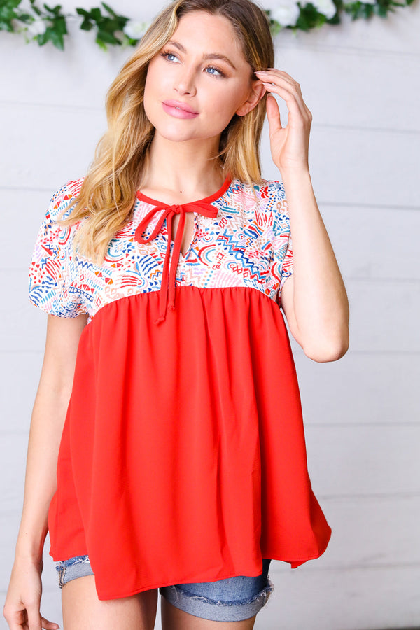 Red Boho Print Tie Neck Dolman Top - Coeur de la Mode