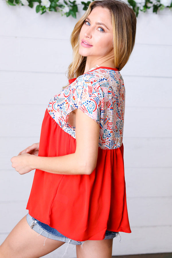 Red Boho Print Tie Neck Dolman Top - Coeur de la Mode