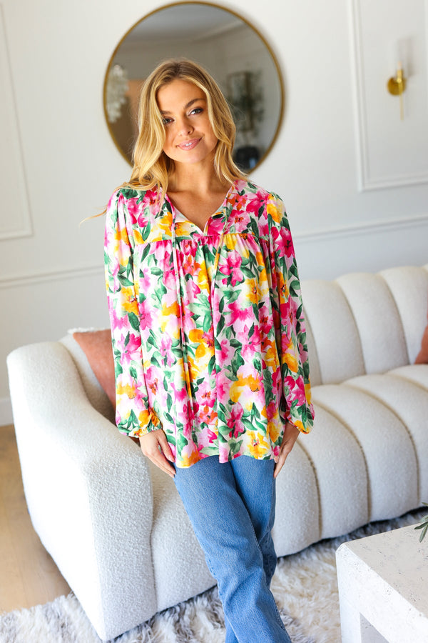 Pretty In Pink Watercolor Floral Yoke Tie Top - Coeur de la Mode