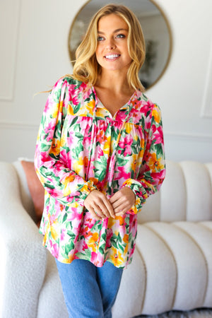 Pretty In Pink Watercolor Floral Yoke Tie Top - Coeur de la Mode