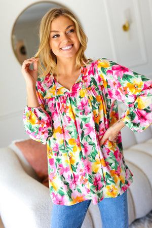 Pretty In Pink Watercolor Floral Yoke Tie Top - Coeur de la Mode