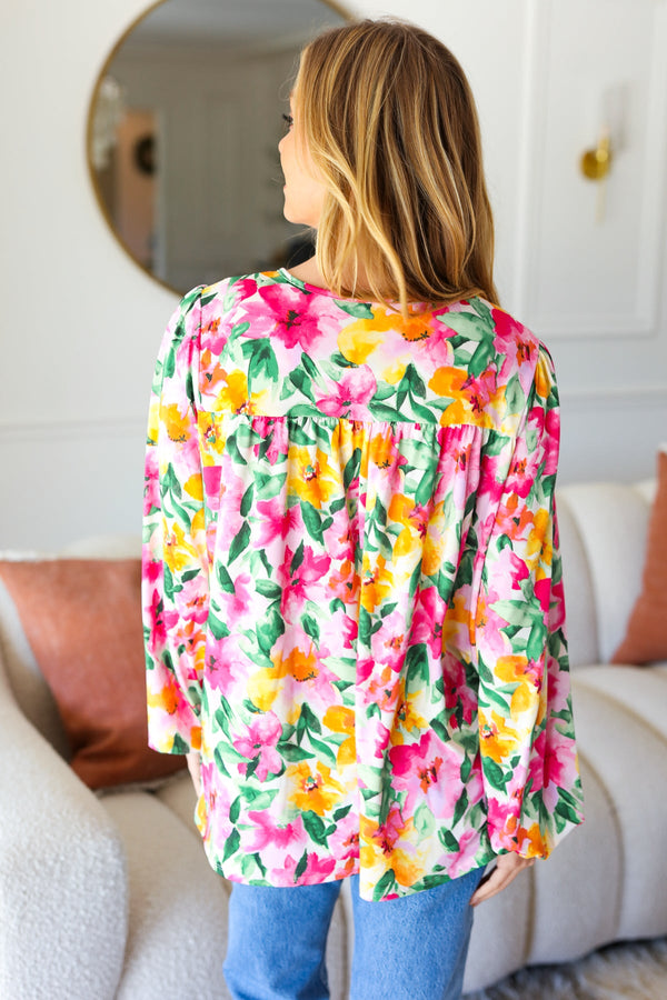 Pretty In Pink Watercolor Floral Yoke Tie Top - Coeur de la Mode