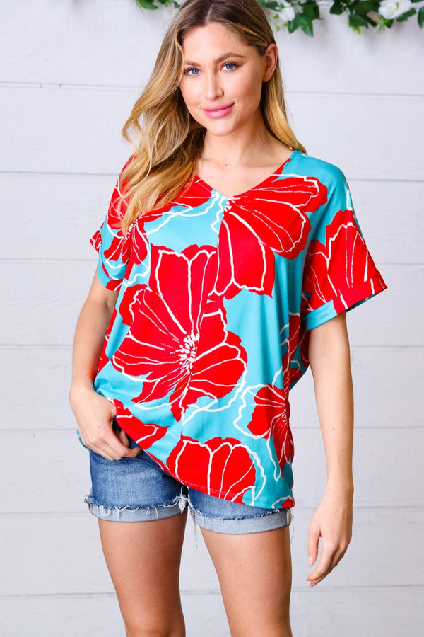 Teal & Cherry Red Floral Print V Neck Top - Coeur de la Mode